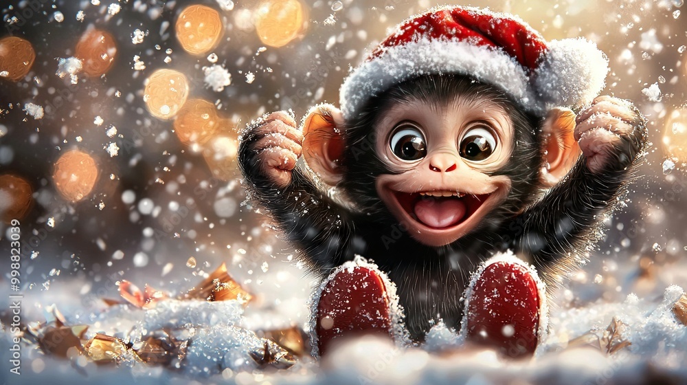 Monkey in Santa hat amidst snow with raised arms Monkey in Santa hat amidst snow with raised arms