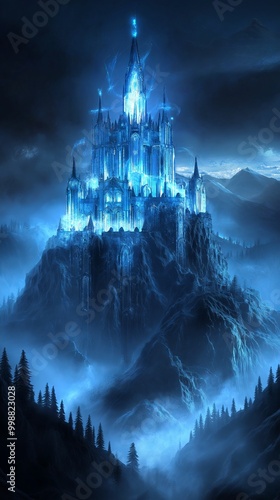 A majestic, blue castle sits atop a mountain.