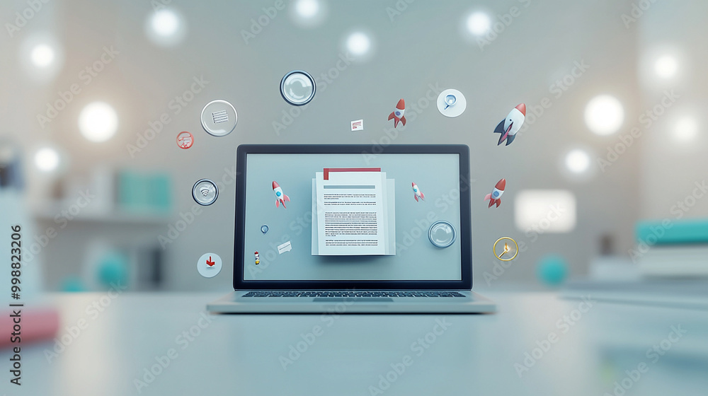 A 3D illustration of a laptop surrounded by floating digital icons, rockets, and documents, representing productivity, technology, and online work.
A 3D illustration of a laptop surrounded by floating digital icons, rockets, and documents, representing productivity, technology, and online work.