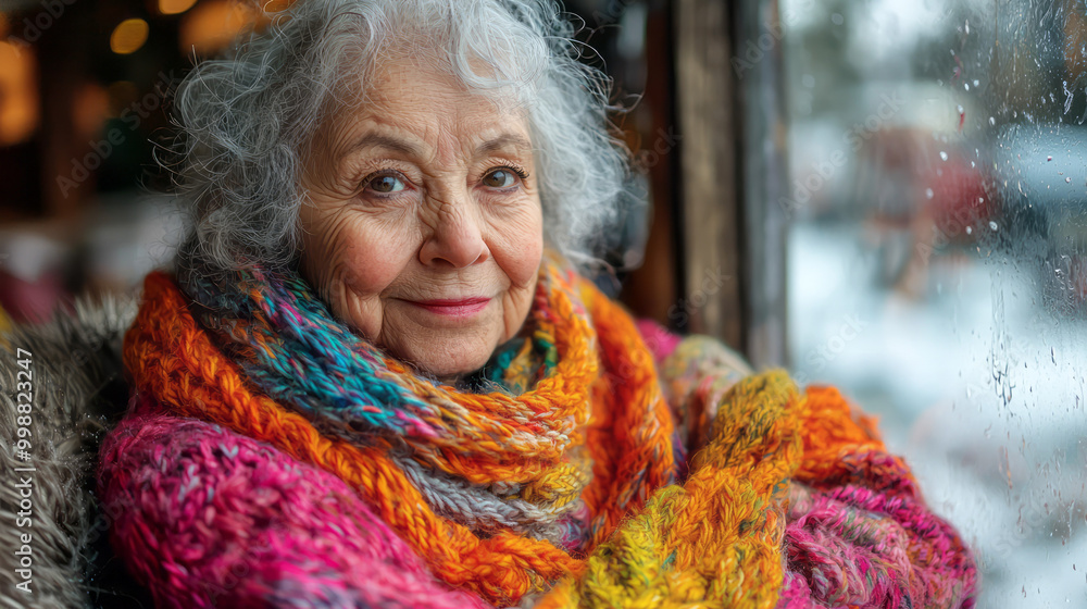A close-up portrait of an elderly woman knitting by the window, A close-up portrait of an elderly woman knitting by the window,