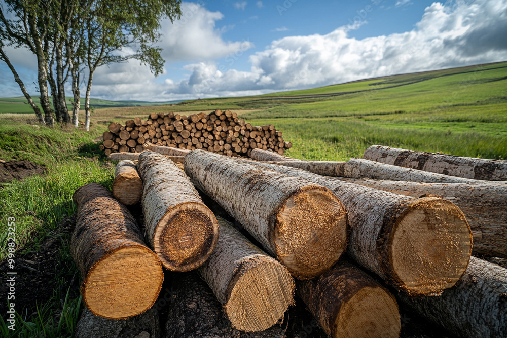 A pile of cut trees and wooden logs,
A pile of cut trees and wooden logs,