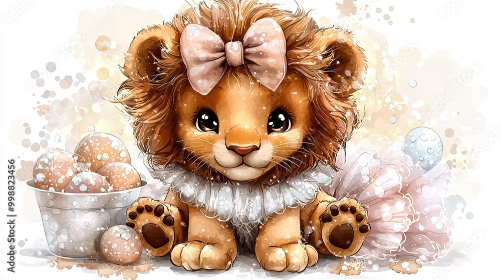 A lion with a bow sits beside a bowl of eggs and a basket in front A lion with a bow sits beside a bowl of eggs and a basket in front