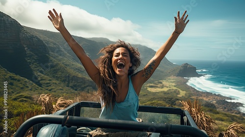 A woman celebrating freedom on a trip to the seaside. An adventurous off-road trip. photo