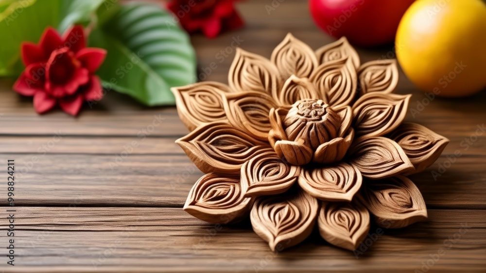 Handcrafted wooden flower on wooden table Handcrafted wooden flower on wooden table