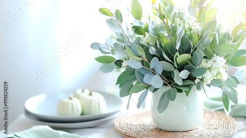  A close-up of a vase on a table with two plates