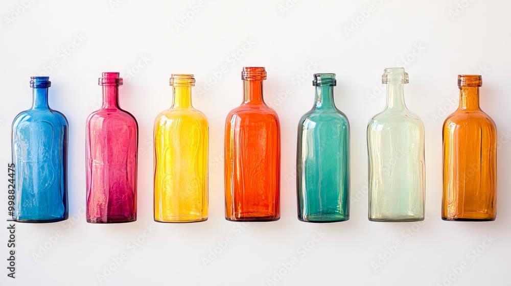 Vibrant primary colors grace petite bottles, arranged upon a pristine white canvas. Vibrant primary colors grace petite bottles, arranged upon a pristine white canvas.