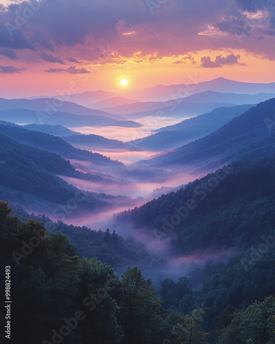 Layers of mist rolling over a series of mountain ridges,