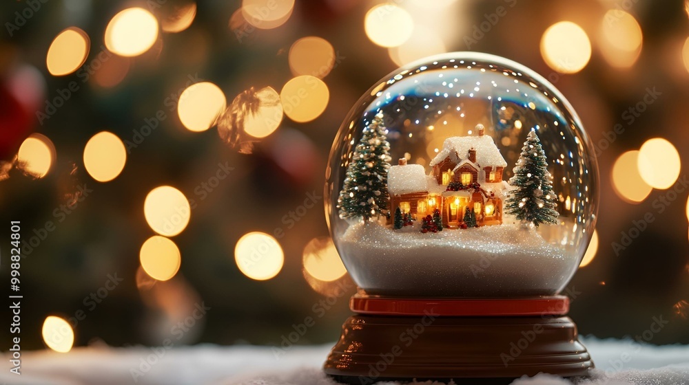 Festive Christmas Snow Globe with Glowing Lights and Winter Scene Inside for Holiday Decoration. Festive Christmas Snow Globe with Glowing Lights and Winter Scene Inside for Holiday Decoration.