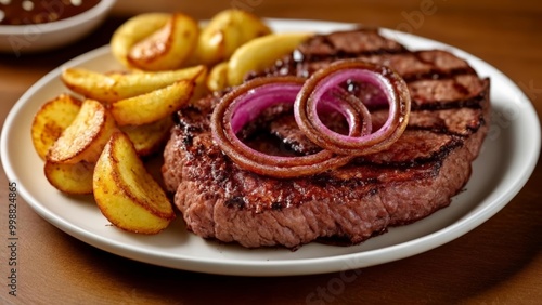  Deliciously grilled steak with caramelized onions and golden fries