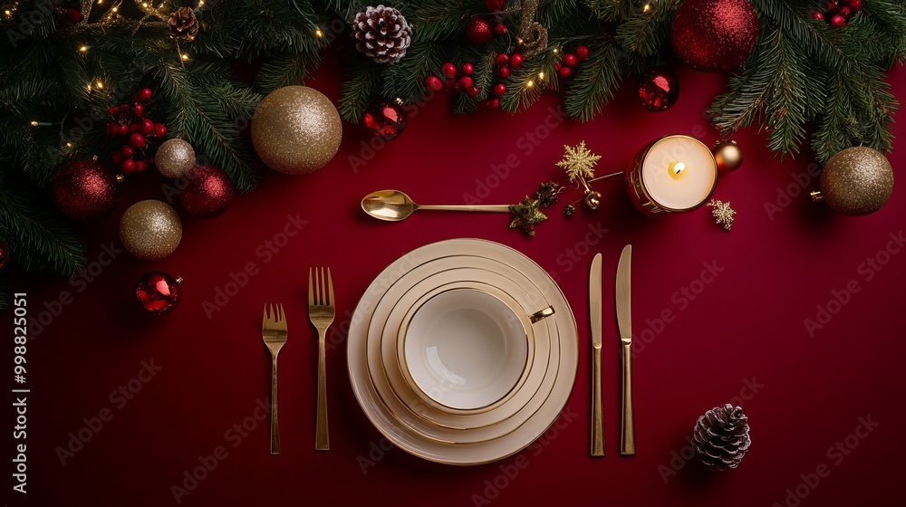 View from above of an elegantly set family New Year's dinner table. Gold-colored cutlery, a cup, baubles, a candle, and holiday decorations adorn a rich red backdrop, leaving ample space for text View from above of an elegantly set family New Year's dinner table. Gold-colored cutlery, a cup, baubles, a candle, and holiday decorations adorn a rich red backdrop, leaving ample space for text