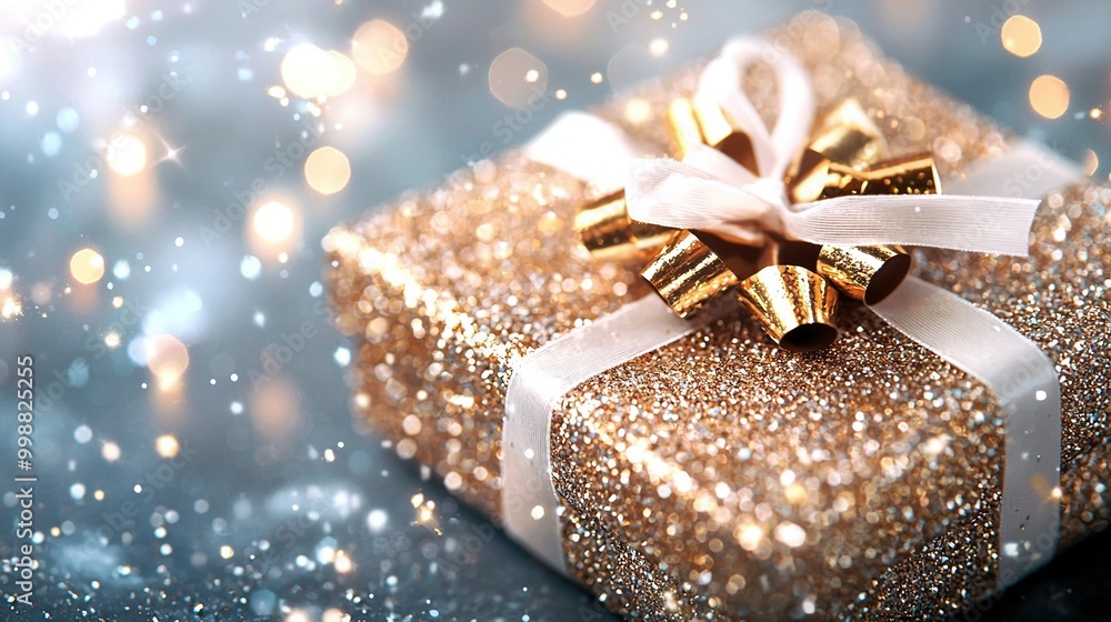 A golden gift box with white ribbons and bows on a navy backdrop surrounded by illuminated bouquets A golden gift box with white ribbons and bows on a navy backdrop surrounded by illuminated bouquets