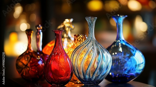 Artisans shape and blow glass to create decorative and functional pieces.