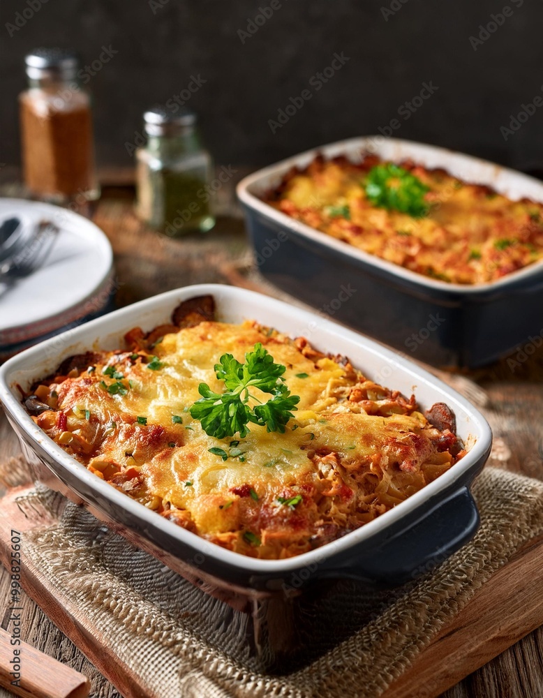 Rustic dinner casseroles with depth of field showcasing layered ingredients and rich flavors Rustic dinner casseroles with depth of field showcasing layered ingredients and rich flavors