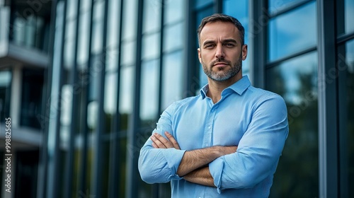 Confident business leader with arms crossed, posing in front of a modern office building, exuding authority and professionalism.