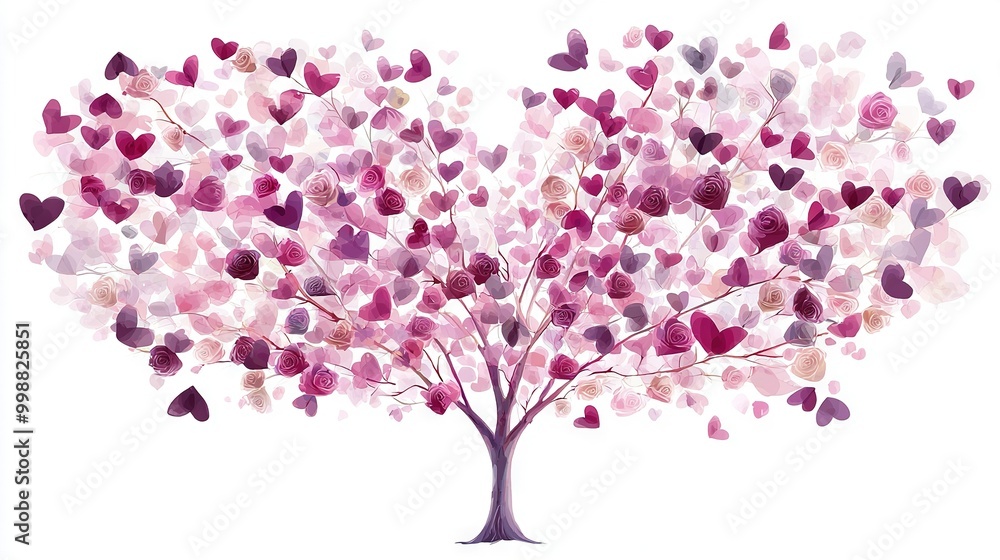 A painting featuring a tree adorned with numerous heart-shaped leaves and branches A painting featuring a tree adorned with numerous heart-shaped leaves and branches