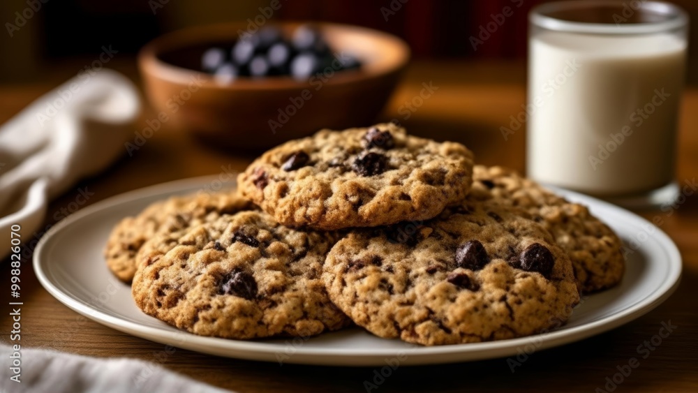 Deliciously tempting chocolate chip cookies with a refreshing glass of milk Deliciously tempting chocolate chip cookies with a refreshing glass of milk