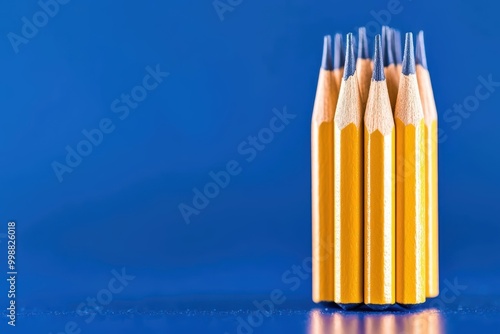 A collection of yellow pencils arranged on a vibrant blue background.