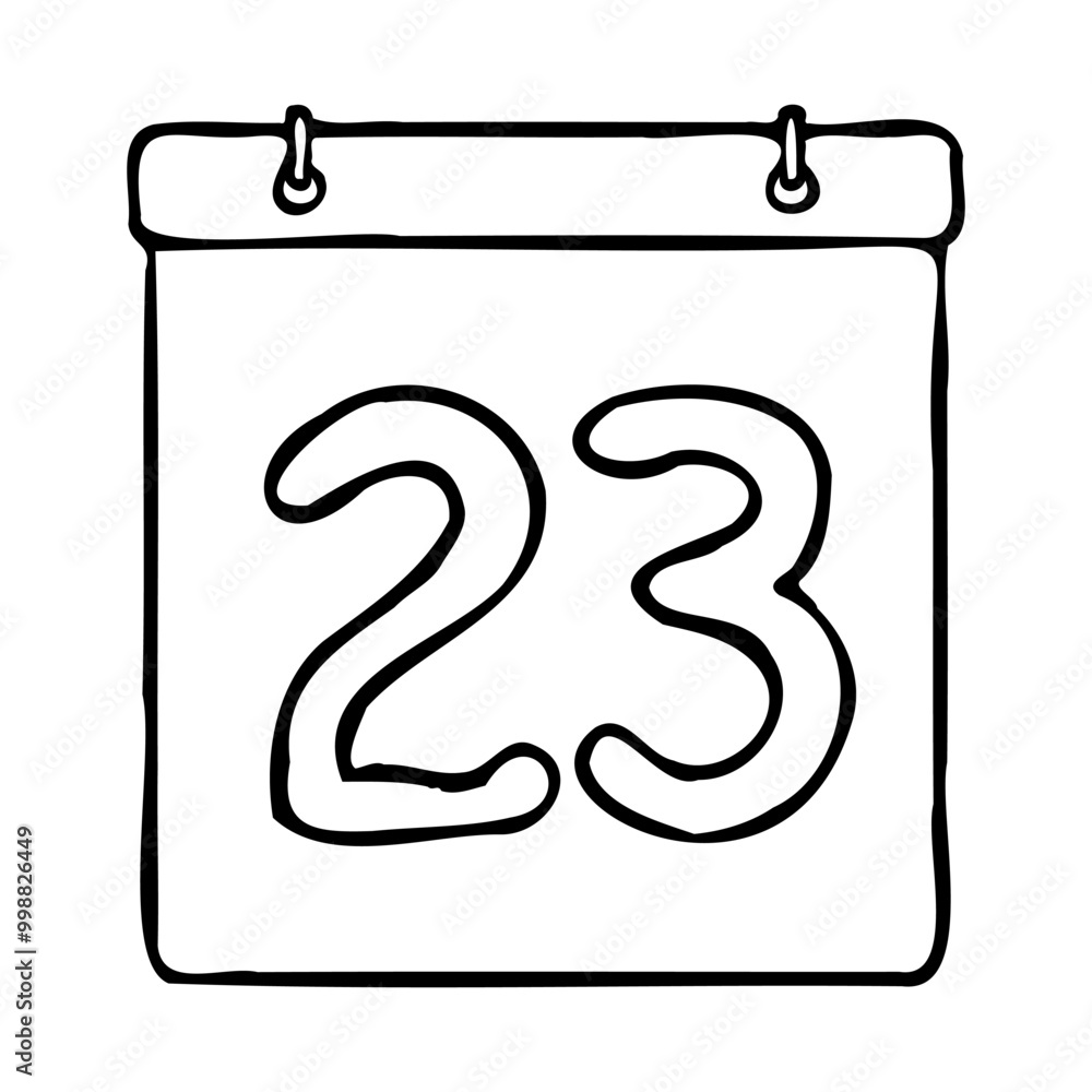 Black and white outline calendar icon. Hand drawn calendar icon image. Calendar icon concept. Calendar icon at 23rd date. Fun and cute calendar design. Perfect for kids themed design, business concept Black and white outline calendar icon. Hand drawn calendar icon image. Calendar icon concept. Calendar icon at 23rd date. Fun and cute calendar design. Perfect for kids themed design, business concept