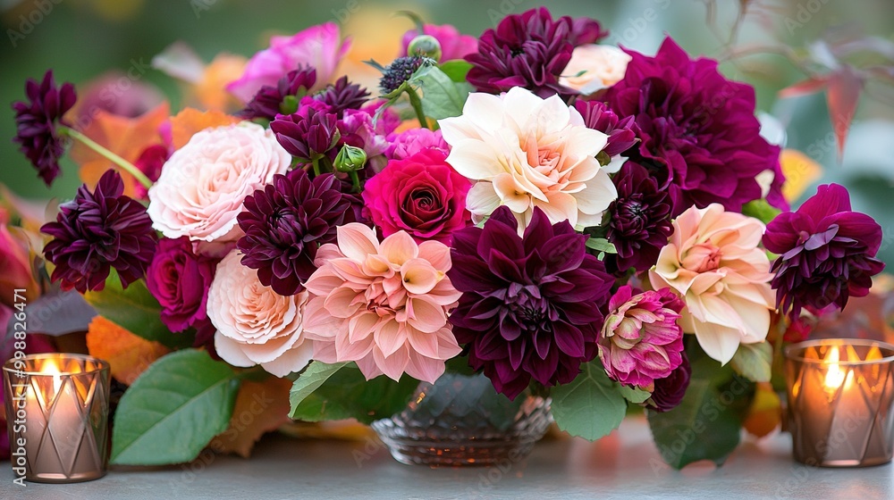 A vase brimming with purple and pink blooms rests beside two votive candles atop a table A vase brimming with purple and pink blooms rests beside two votive candles atop a table