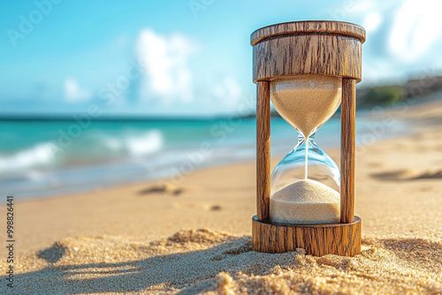 
wooden and glass hourglass seen close up in the sand of a beach photo