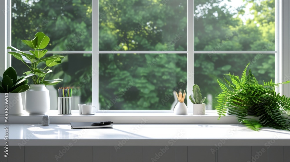 Modern Home Office Window View with Plants and Natural Light