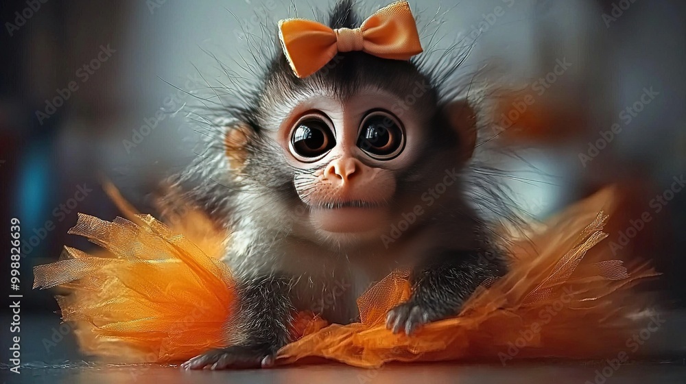A close-up of a monkey wearing a bow on its head and tulle around its neck A close-up of a monkey wearing a bow on its head and tulle around its neck