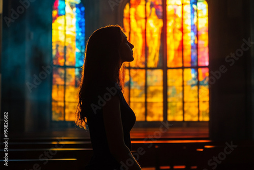 
woman praying to God in an evangelical church