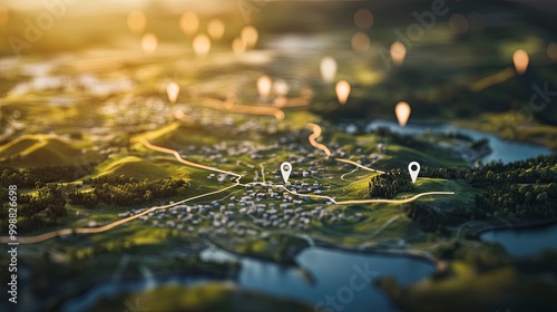 Bird's-eye perspective of terrain with visual markers representing connectivity and strategic planning for land development projects.