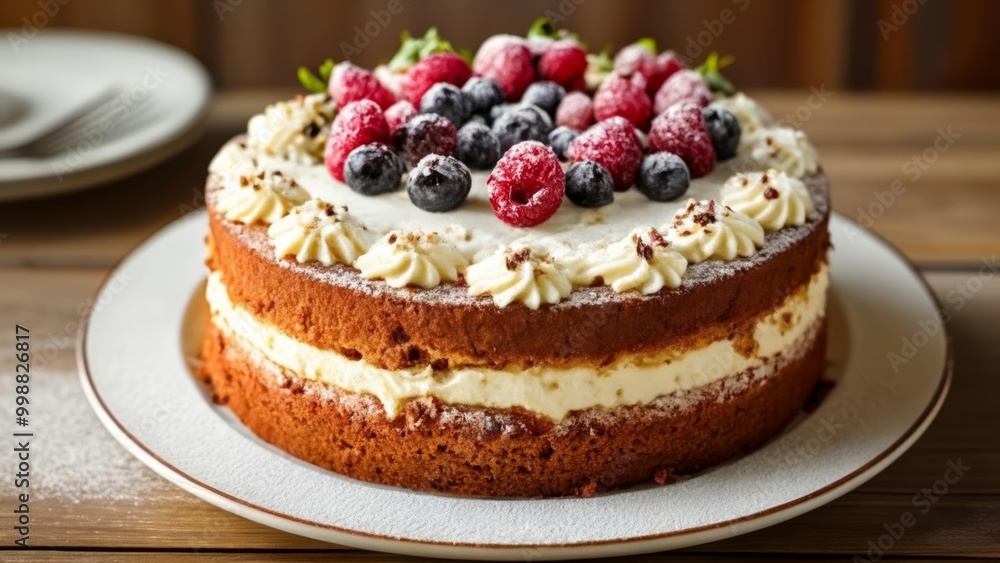 Deliciously layered cake with fresh berries and whipped cream Deliciously layered cake with fresh berries and whipped cream