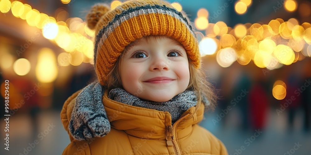 Smiling child in a yellow coat and knit hat enjoys a festive atmosphere with holiday lights in the background Smiling child in a yellow coat and knit hat enjoys a festive atmosphere with holiday lights in the background