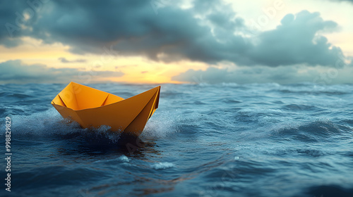 Yellow Paper Boat in Rough Sea During Stormy Weather 