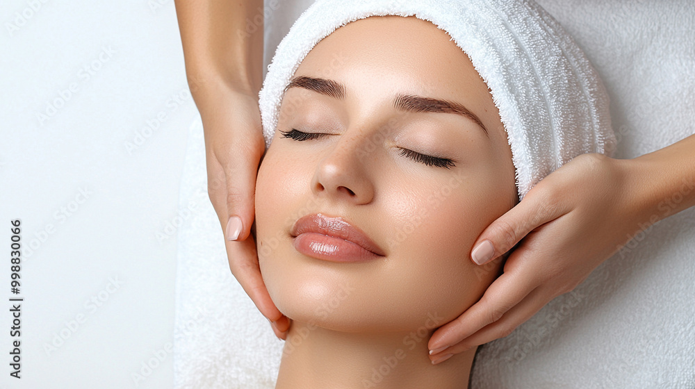 Radiant Woman Receiving Relaxing Facial Massage on White Background Radiant Woman Receiving Relaxing Facial Massage on White Background