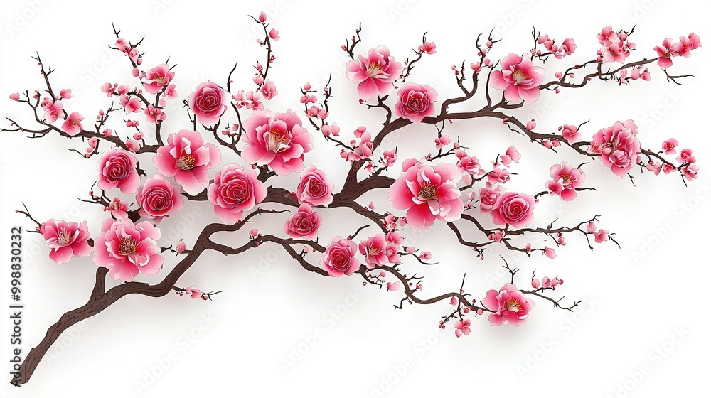 Naklejka premium A pink-flowered tree branch on white, with a shadowed replica