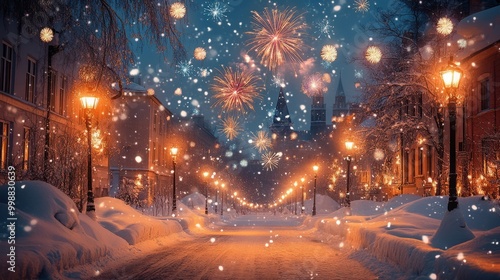 New Year celebrations with snowy streets and vibrant fireworks lighting up the winter sky, capturing the festive spirit of the season