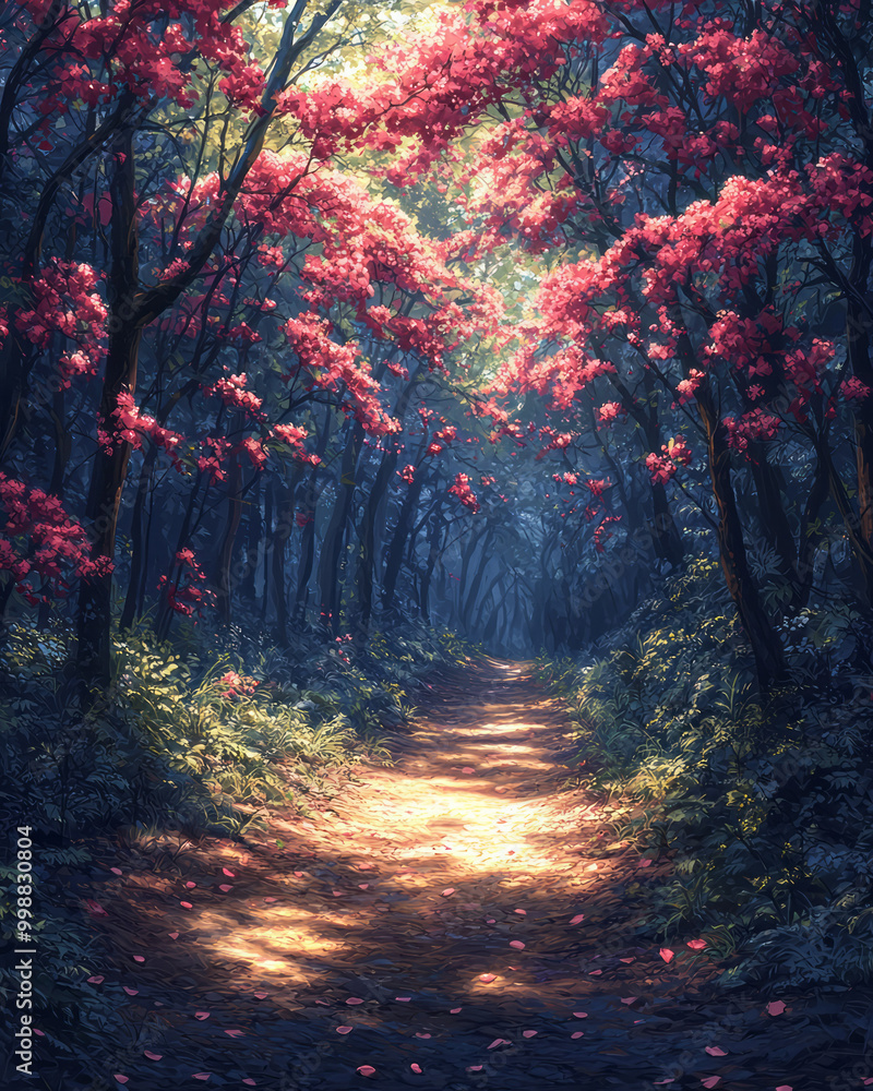 Obraz premium A quiet forest scene with fresh spring blossoms hanging from the trees, creating a tunnel of flowers over a natural woodland path,
