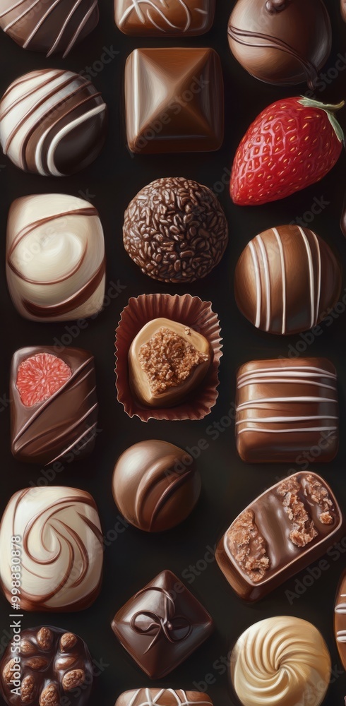 A tight shot of various chocolates against a black backdrop A strawberry crowns one chocolate A tight shot of various chocolates against a black backdrop A strawberry crowns one chocolate