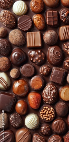  A tight shot of various chocolates, their diverse types arranged on a warm, textured brown background with intricate patterns of distinct shapes and sizes