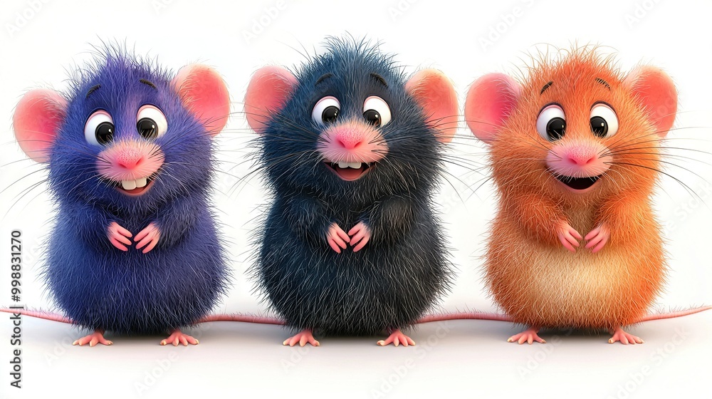 Three mice standing together against a white backdrop with a caption in between Three mice standing together against a white backdrop with a caption in between