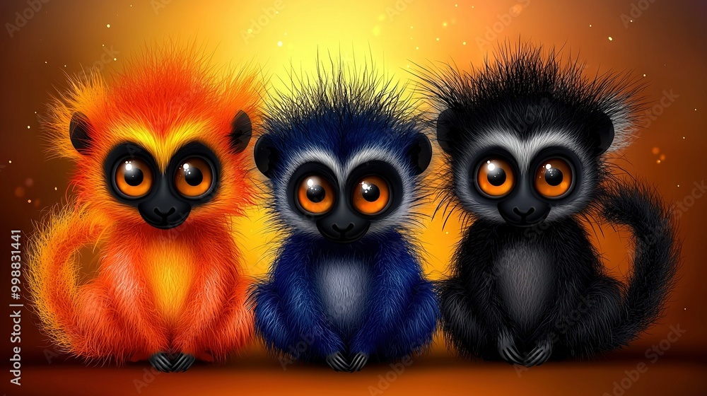 Fototapeta premium Three monkeys on top of yellow and orange backgrounds, facing red and orange backdrops