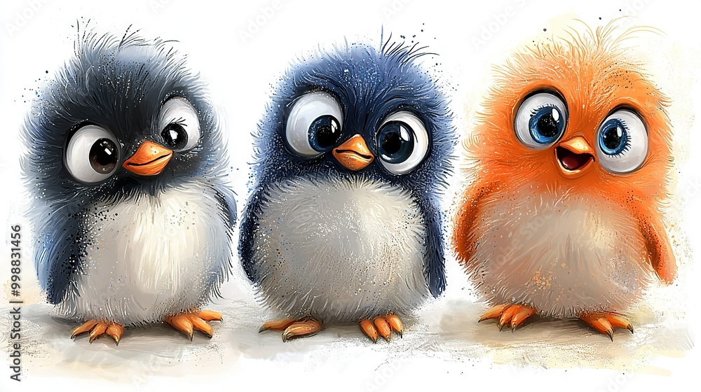 Three little birds perched together on a white surface with blue and orange feathers Three little birds perched together on a white surface with blue and orange feathers