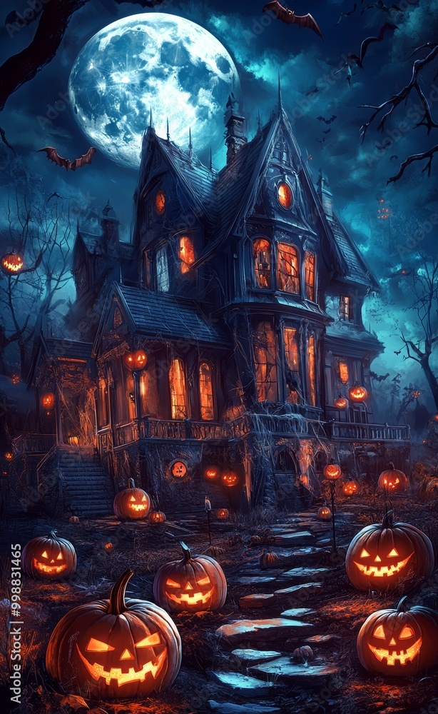 A house shrouded in mystery, adorned with pumpkins at its doorstep, under a full moon's hauntingly beautiful glow in the backdrop A house shrouded in mystery, adorned with pumpkins at its doorstep, under a full moon's hauntingly beautiful glow in the backdrop