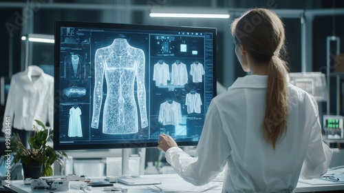 A fashion designer collaborates with an AI system to create unique clothing designs, featuring digital models showcasing innovative outfits and vibrant fabrics photo