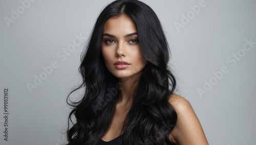 Close-up portrait of woman with dark hair and loose waves