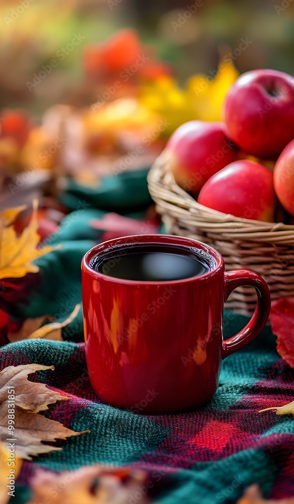 A red cup of coffee atop a table, beside it, a basket filled with apples, and a mound of leaves A red cup of coffee atop a table, beside it, a basket filled with apples, and a mound of leaves