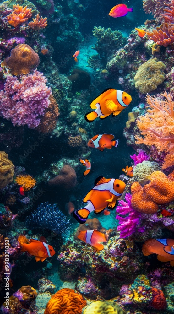 Naklejka premium A cluster of clownfish exploring vibrant corals and anemones amidst colorful underwater scene
