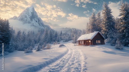 Snowy trail leading to a mountain cabin, inviting winter retreat