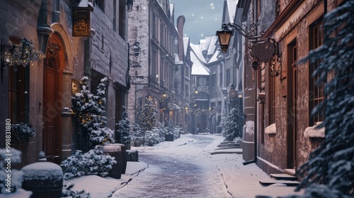 Snowy street in an old European town, charming winter scene photo