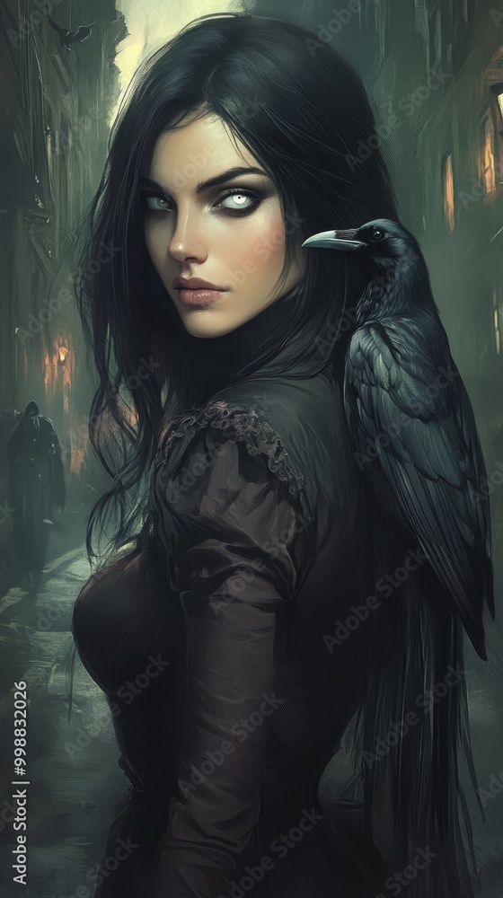 A woman is depicted with a crow perched on her shoulder In the background, a man gazes at the camera A woman is depicted with a crow perched on her shoulder In the background, a man gazes at the camera
