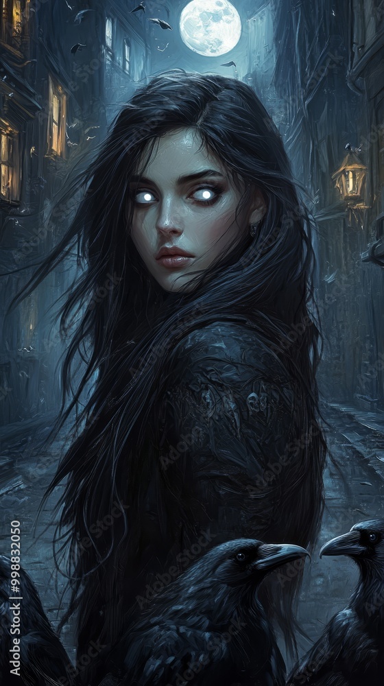 A woman with long black hair stands before a crow-filled alley as the full moon rises in the background A woman with long black hair stands before a crow-filled alley as the full moon rises in the background