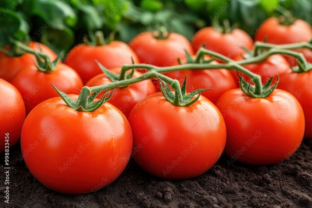 Freshly harvested red tomatoes resting on dark soil in a vibrant garden setting
